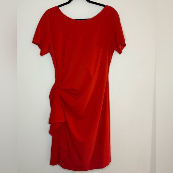 Escada Red Dress Short Sleeve V Neck Ruched Cocktail Party Evening Mini Bodycon - Picture 5 of 5